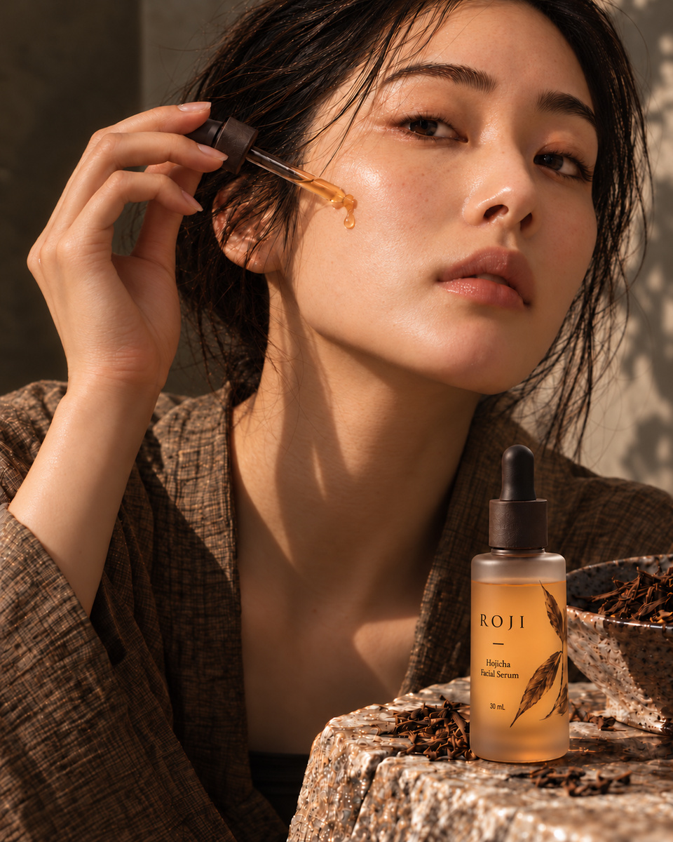 Campaign concept: a woman applies serum beside a ROJI bottle partly filled with translucent amber serum