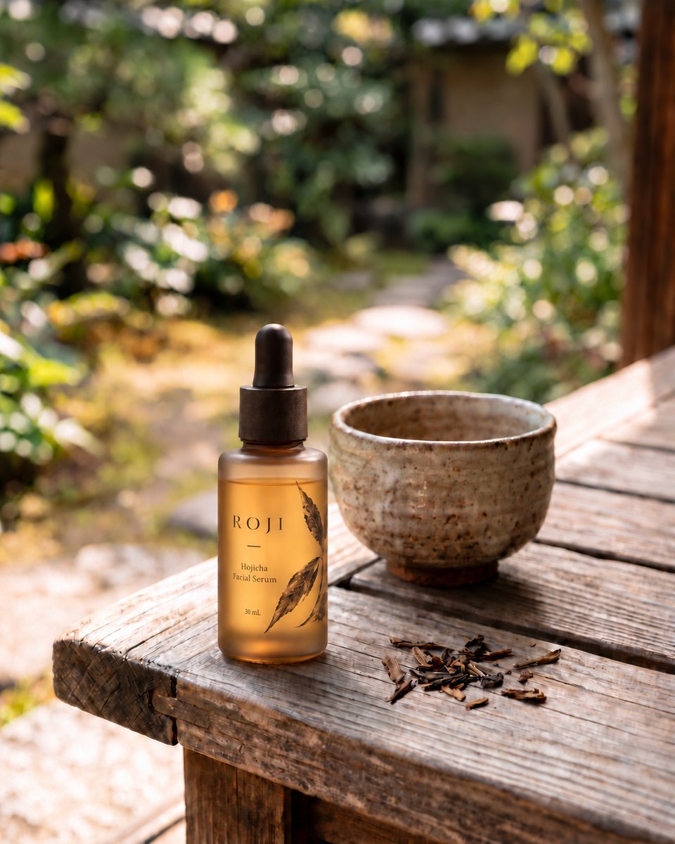 Packaging concept: a ROJI bottle partly filled with amber serum beside a ceramic tea bowl on a wooden veranda