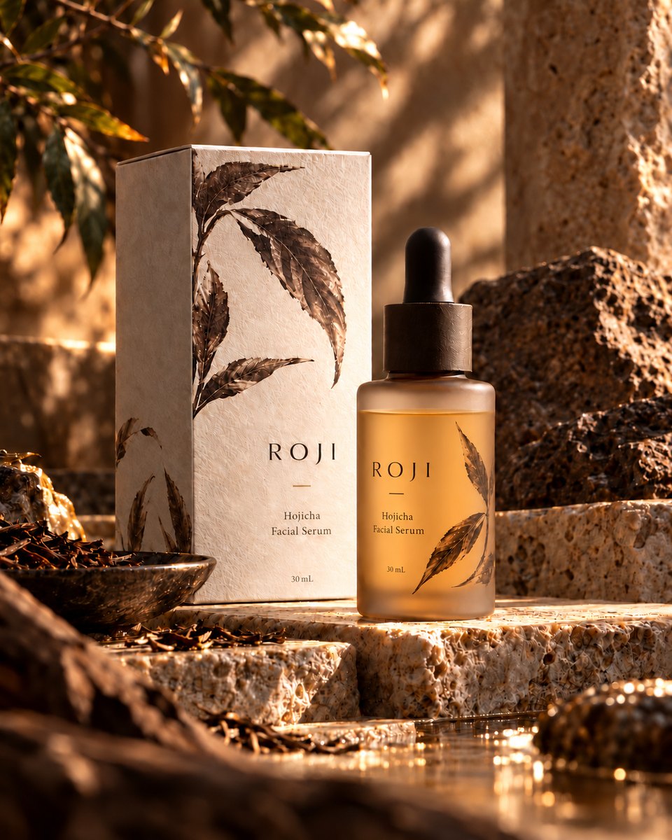 Packaging concept: a ROJI bottle partly filled with amber serum and a matching cream carton in a sunlit tea garden